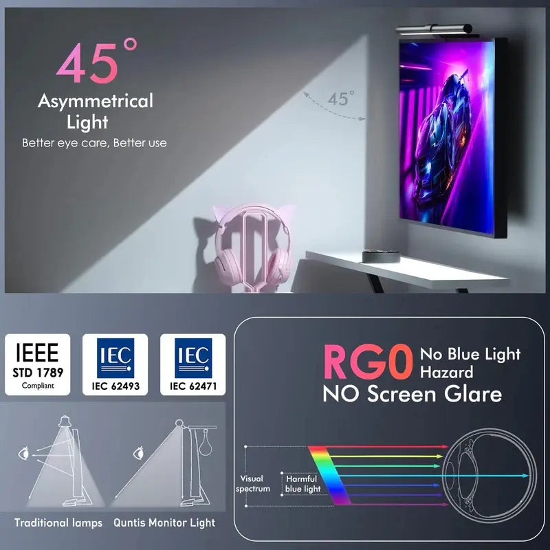 Quntis Gamezone Series RGB Monitor Light - Dimmable LED Lighting with Remote Control for Flat, Curved, and Ultrawide Monitors (20-Inch) - Adjustable Brightness and Color Temperature with Weighted Clip