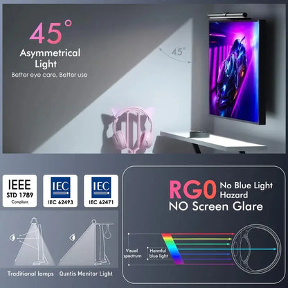 Quntis Gamezone Series RGB Monitor Light - Dimmable LED Lighting with Remote Control for Flat, Curved, and Ultrawide Monitors (20-Inch) - Adjustable Brightness and Color Temperature with Weighted Clip