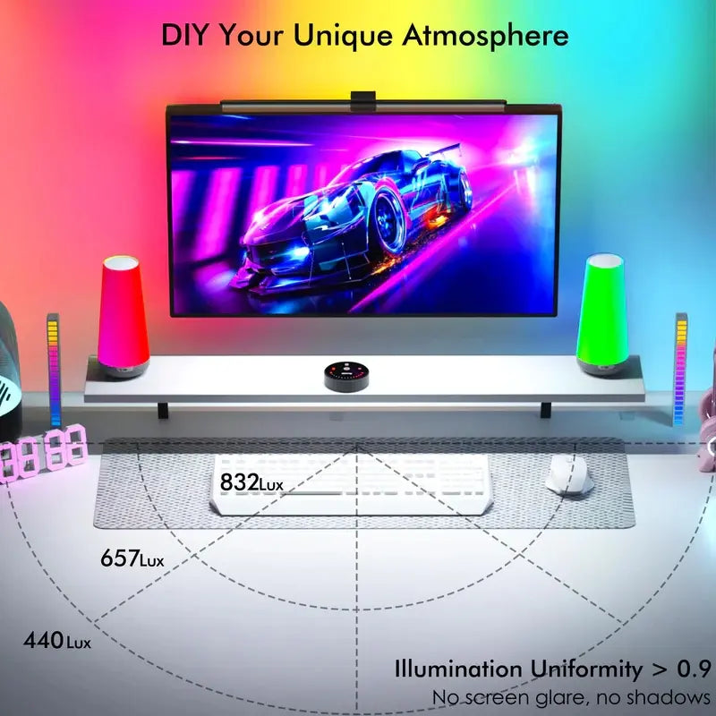 Quntis Gamezone Series RGB Monitor Light - Dimmable LED Lighting with Remote Control for Flat, Curved, and Ultrawide Monitors (20-Inch) - Adjustable Brightness and Color Temperature with Weighted Clip