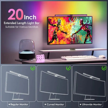 Quntis Gamezone Series RGB Monitor Light - Dimmable LED Lighting with Remote Control for Flat, Curved, and Ultrawide Monitors (20-Inch) - Adjustable Brightness and Color Temperature with Weighted Clip