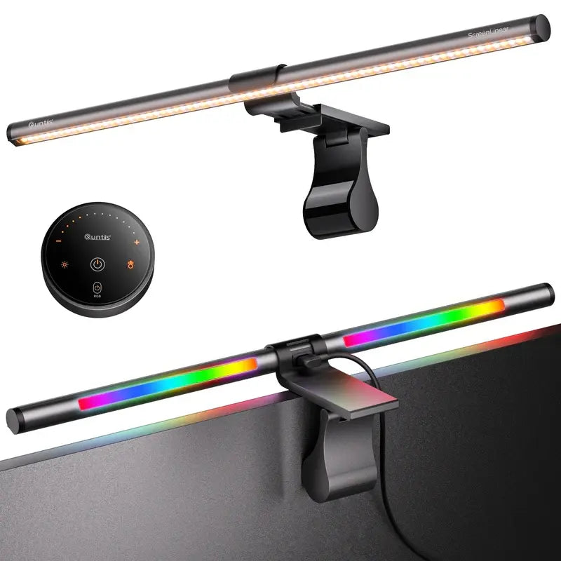 Quntis Gamezone Series RGB Monitor Light - Dimmable LED Lighting with Remote Control for Flat, Curved, and Ultrawide Monitors (20-Inch) - Adjustable Brightness and Color Temperature with Weighted Clip