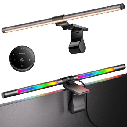 Quntis Gamezone Series RGB Monitor Light - Dimmable LED Lighting with Remote Control for Flat, Curved, and Ultrawide Monitors (20-Inch) - Adjustable Brightness and Color Temperature with Weighted Clip